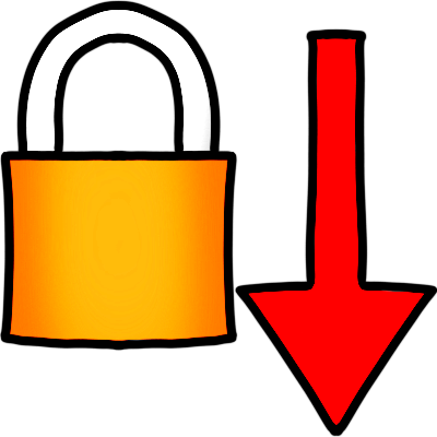 a high contrast symbol of a closed padlock next to a red downwards arrow